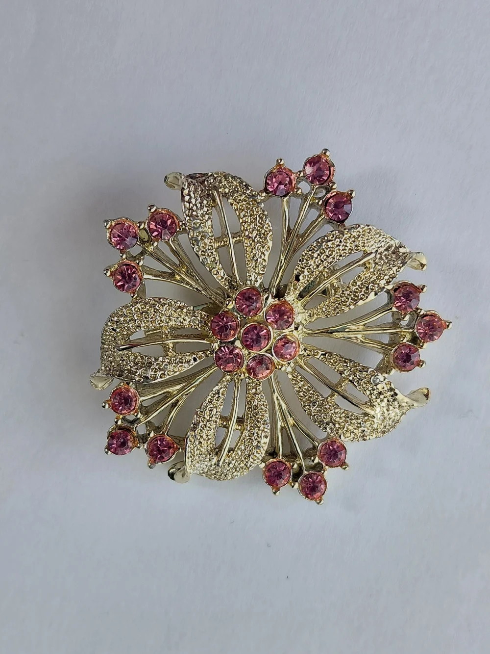 Vintage Flower Starburst with Pink Crystals Gold Tone Brooch Pin